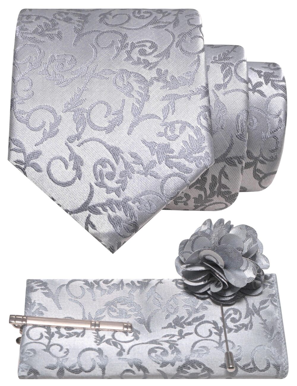 8469 Silver Floral Tie and Lapel Pin Necktie Pocket Square and Tie Clip